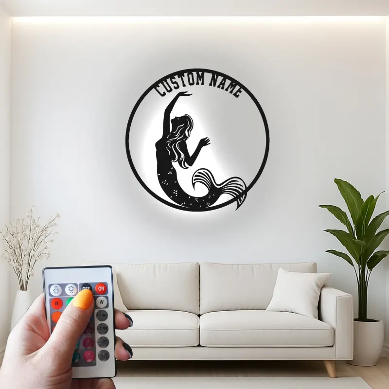 Insegna in metallo personalizzata con luce LED a forma di sirena regalo per amanti dell'oceano decorazione per camera da letto o nursery