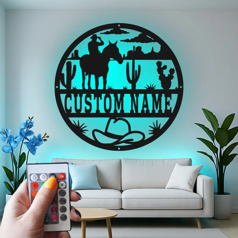 Cartel de metal LED personalizado de vaquero y caballo, regalo western para él, decoración rústica para rancho 3