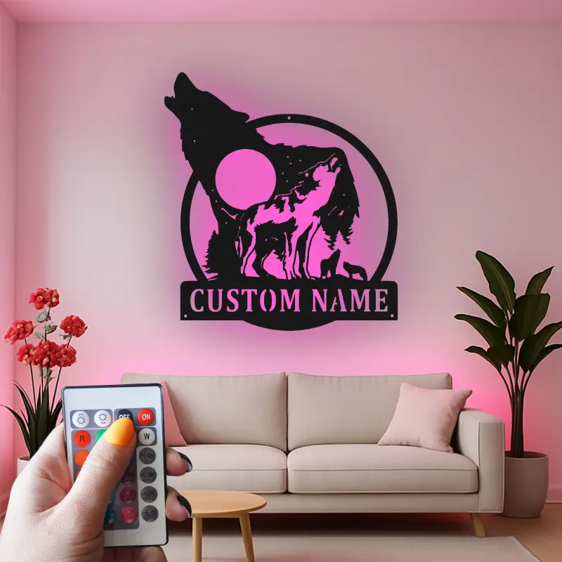 Custom Wolf Pack Led Light Metal Wall Art Personalized Nature Lover Gift Rustic Cabin Decor