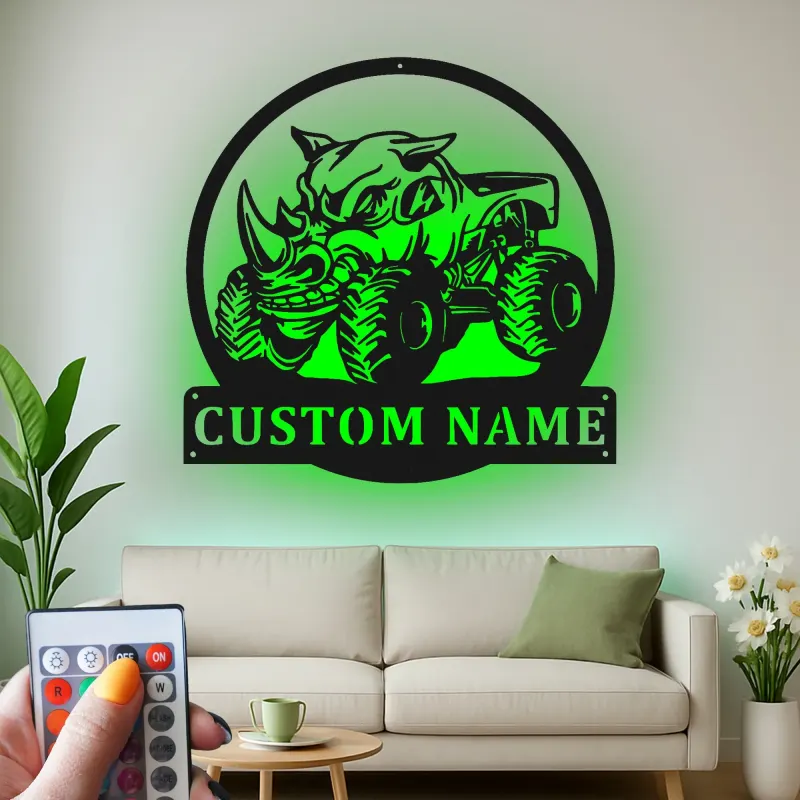Personalized Monster Truck LED Sign | Custom Rhino Metal Wall Art | Boys Room & Man Cave Decor | Off-Road Name Plaque