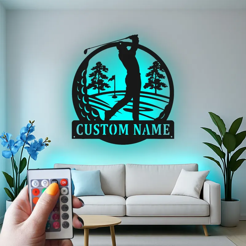 Insegna personalizzata con nome da golf | Decorazione murale LED in metallo per ufficio e man cave | Regalo personalizzato per golfista | Arredo per interni ed esterni