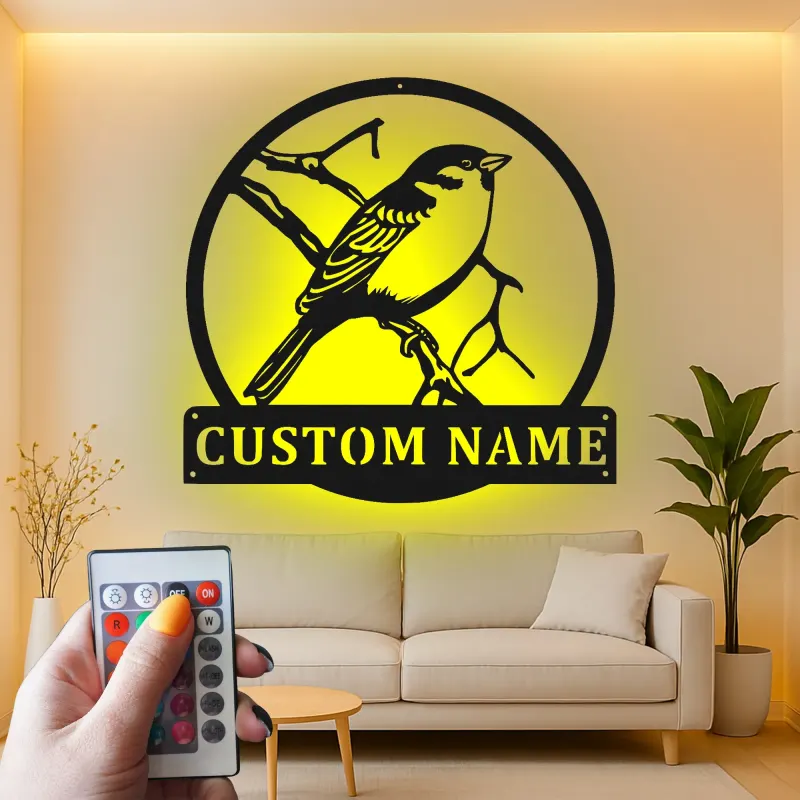 Custom Bird on Branch Led Light Metal Wall Art Personalized Gift for Nature Lovers Living Room or Garden Decor