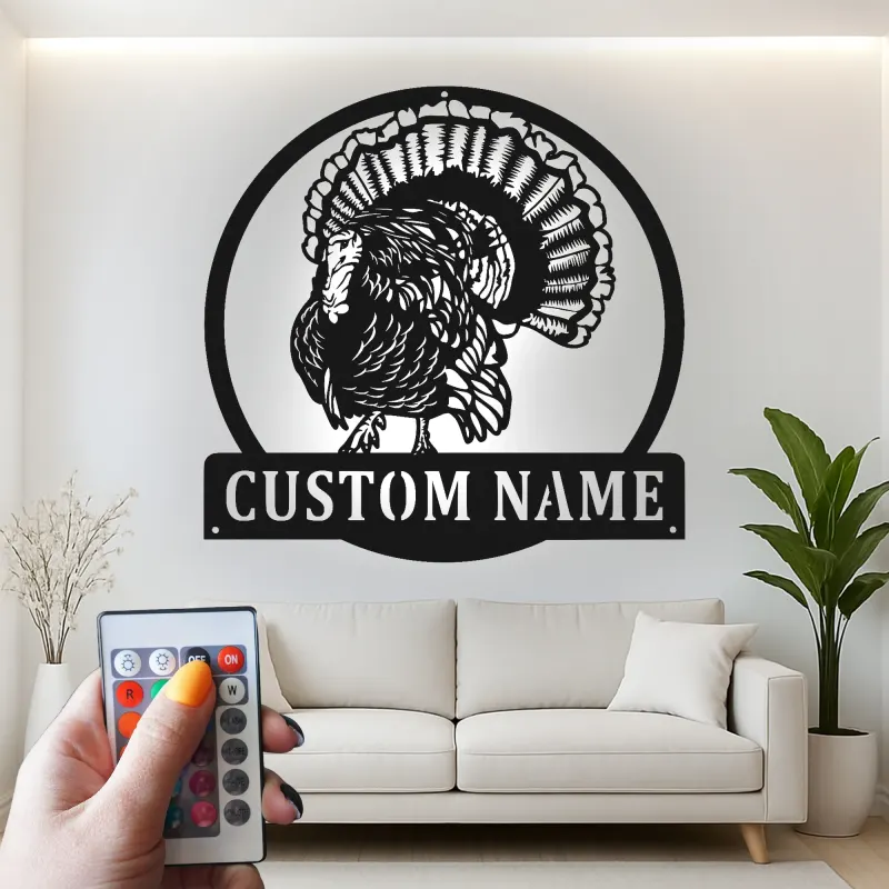Décoration murale en métal personnalisée avec LED en forme de dinde - Cadeau de Thanksgiving pour la cuisine ou la salle à manger