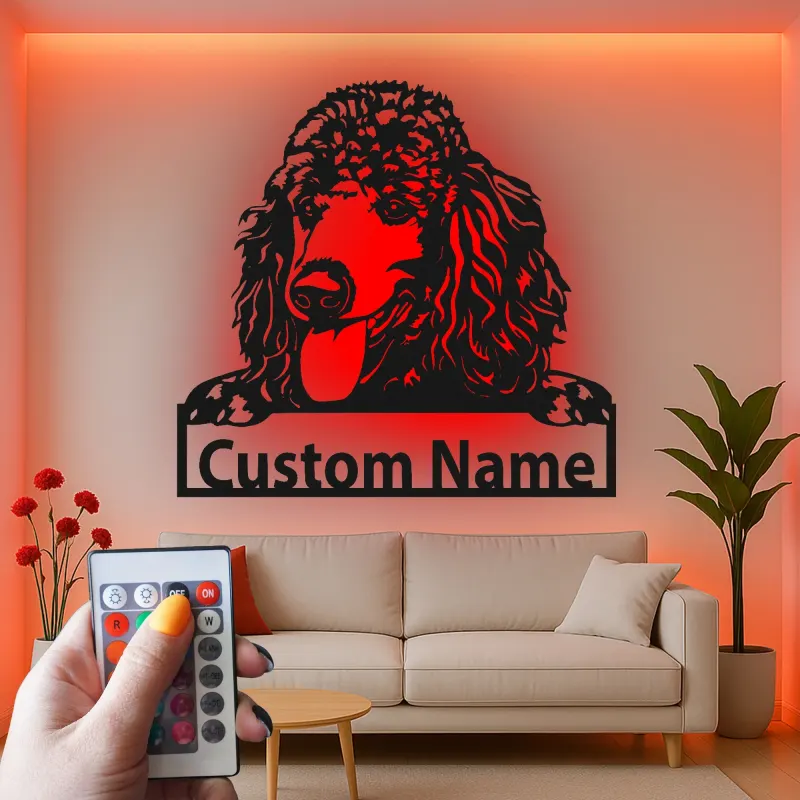 Panneau personnalisé pour Caniche Standard | Décoration murale en métal LED personnalisée | Cadeau pour amoureux des chiens et décor de portrait d'animal de compagnie