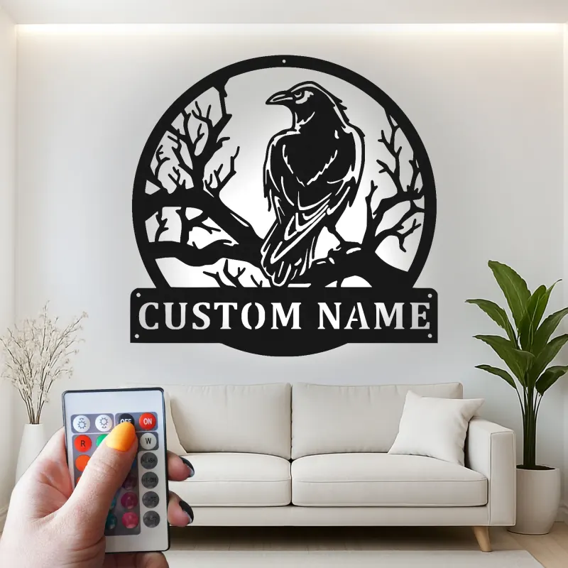 Panneau Métal Corbeau Gothique | Art Mural LED Personnalisé | Plaque de Nom sur Mesure pour Maison & Bureau | Décor Nature Sombre