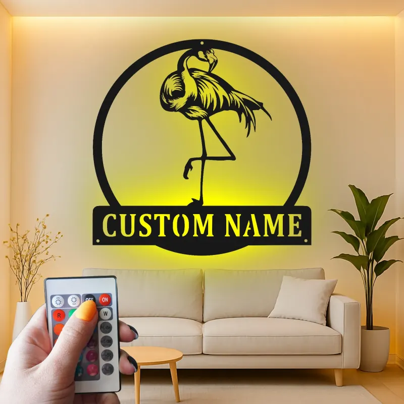 Arte mural de metal LED de flamenco | Cartel tropical personalizado para casa de playa | Decoración de ave Art Deco