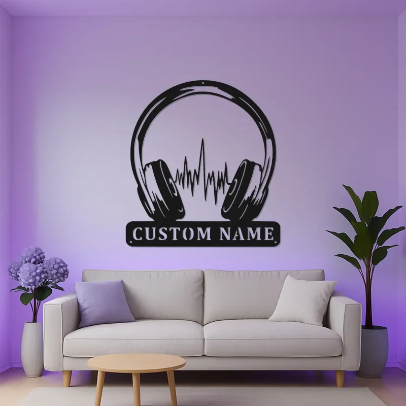 Insegna LED per Cuffie Personalizzata | Insegna in Metallo per Studio DJ | Regalo per Amanti della Musica | Decorazione Soundwave