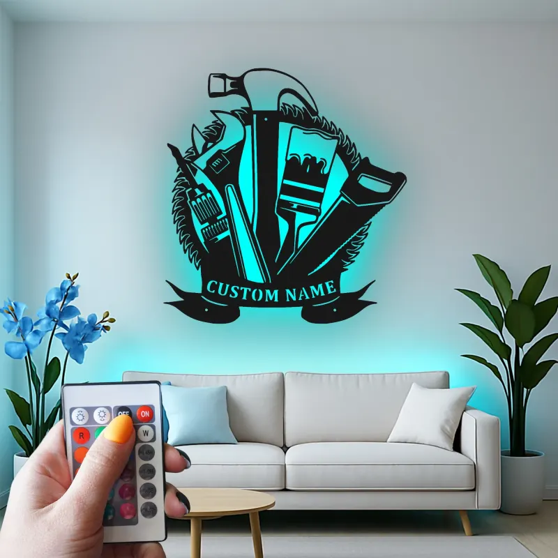 Cartel de metal personalizado con luz LED de juego de herramientas para regalo de manitas, decoración de garaje o taller 3
