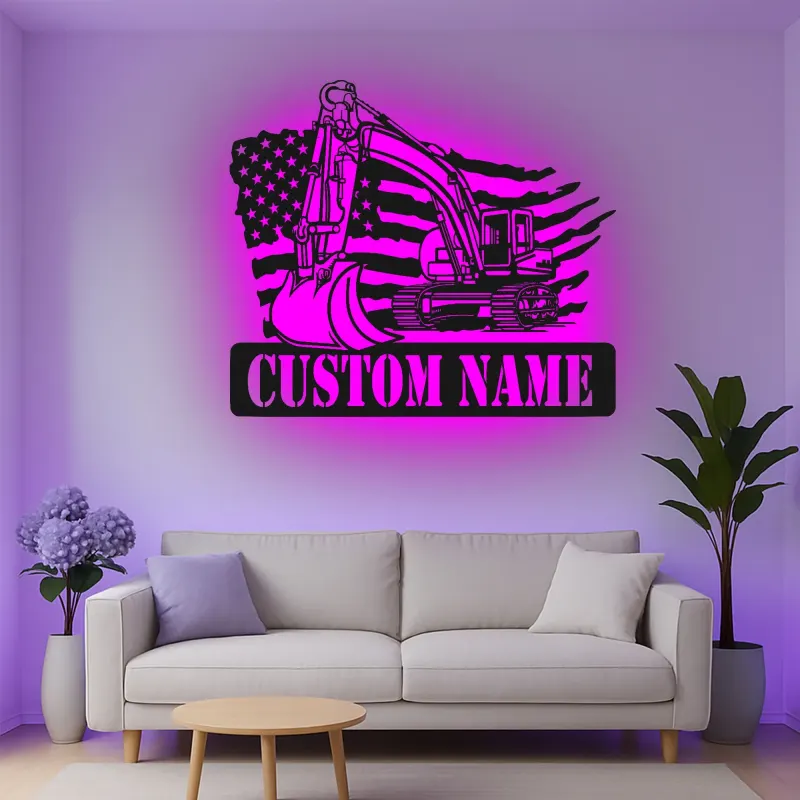 Décoration murale en métal LED personnalisée pour excavateur - Cadeau pour travailleurs de la construction - Décor de garage ou de bureau