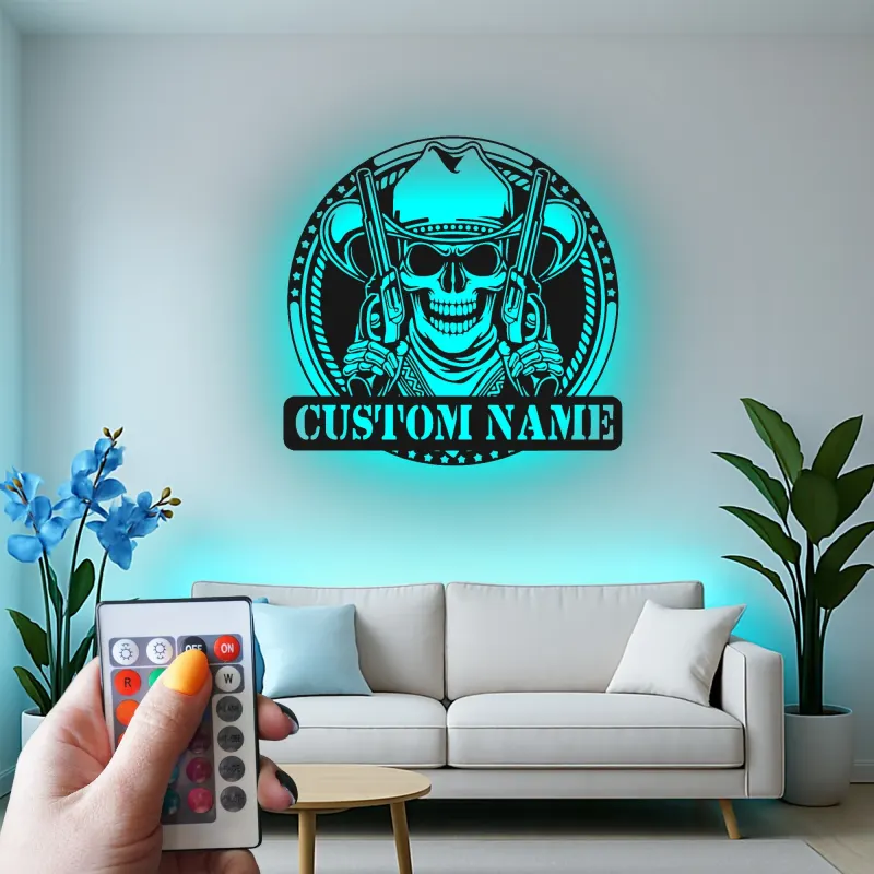 Décoration murale en métal personnalisée Crâne de Cowboy avec rétroéclairage LED - Cadeau personnalisé pour les passionnés de western - Décor de man cave