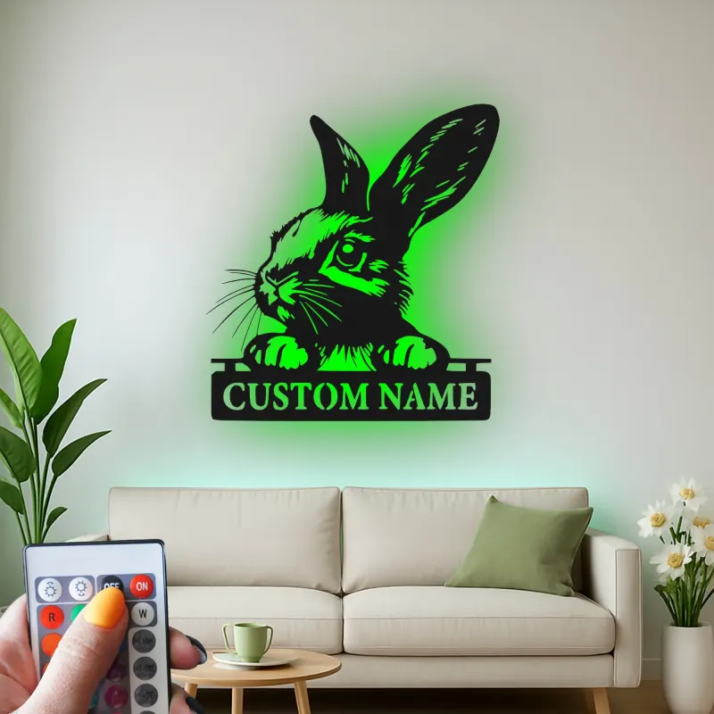 Custom Rabbit Metal Sign | Personalized Bunny LED Light for Nursery | Animal Lover Name Plaque | Kids Room Wall Art