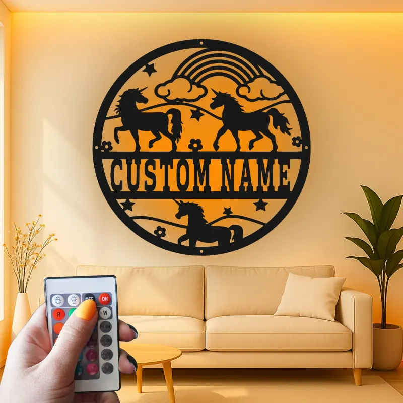 Custom Unicorn and Rainbow Led Light Metal Wall Art Personalized Gift for Kids Nursery Room Decor