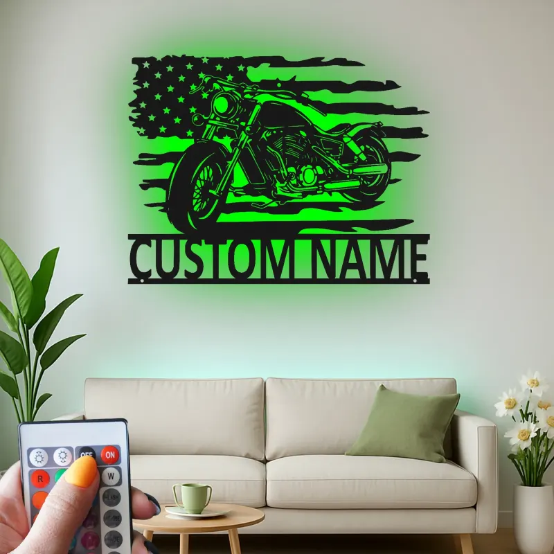 Custom Motorcycle Metal Sign | LED American Flag Wall Art | Personalized Biker Name Plate | Garage Decor for Men