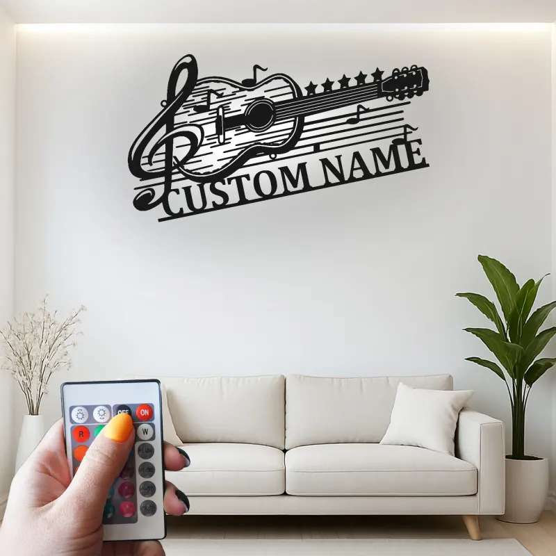 Personalized Guitar Metal Sign with LED | Custom Music Notes Wall Art | Musician Name Plate for Studio Decor
