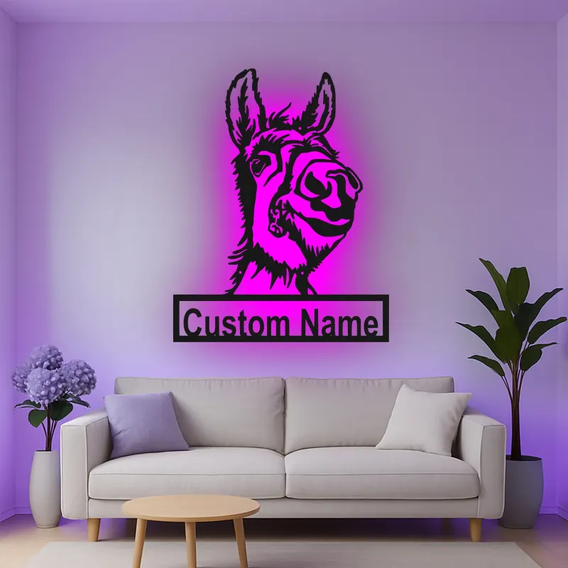 Personalisierte LED-Metall-Wandkunst mit Esel – Geschenk mit Bauernhoftier, rustikale Wohnkultur für Tierliebhaber