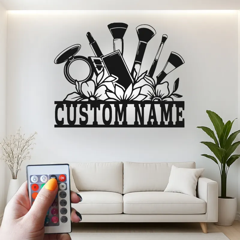 Panneau pour maquilleur personnalisé | Décoration murale en métal LED pour salon de beauté | Décor de vanité avec nom personnalisé | Panneau de logo d'entreprise MUA
