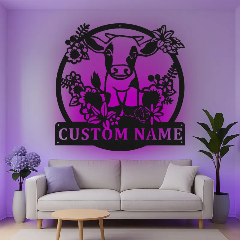Insegna in metallo LED personalizzata con mucca e fiori - Regalo per fattoria - Decorazione rustica per cucina