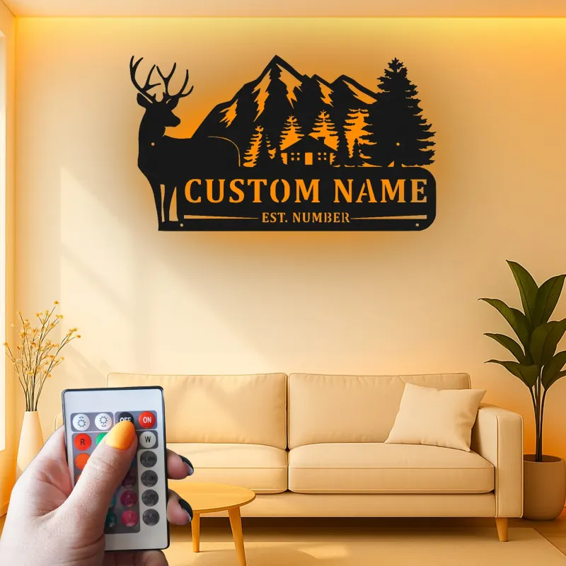 Personalisierte Hirsch-Mountain-Szene LED-Metall-Wandkunst – rustikales Geschenk für die Hütte