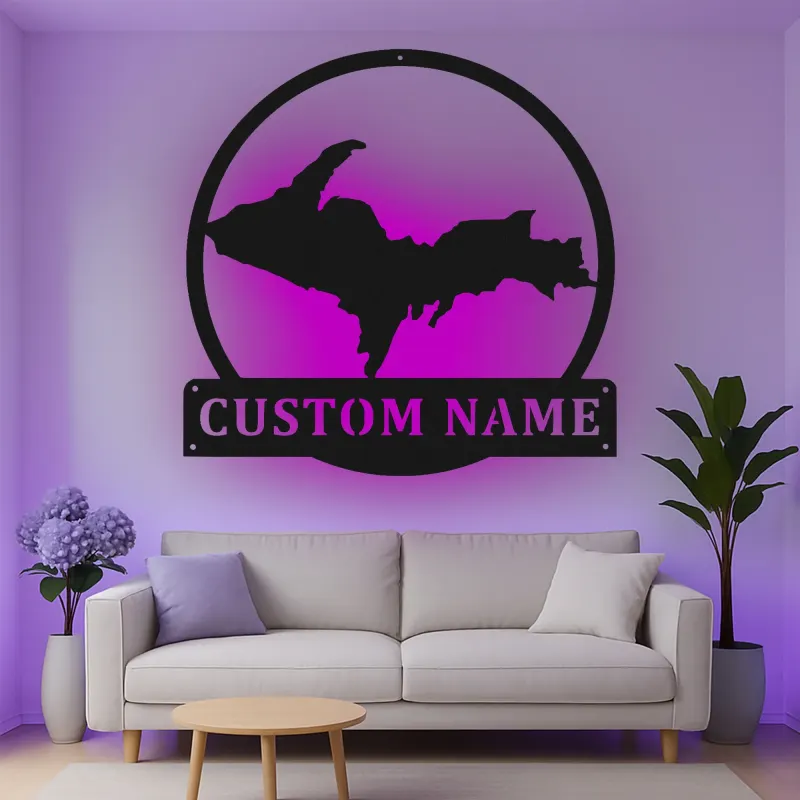 Cartel de metal personalizado con luz LED de la Península Superior, regalo personalizado de Michigan, decoración para la sala de estar o la oficina