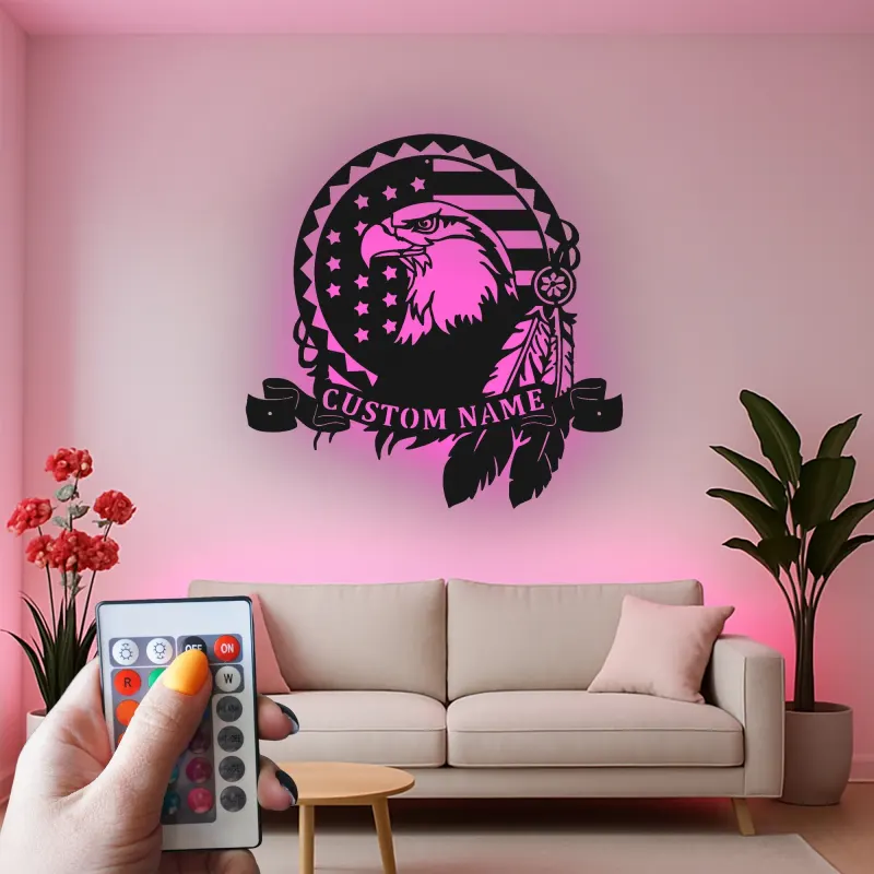 Custom Eagle American Flag Led Light Metal Wall Art Patriotic Gift for Veterans Office or Living Room Decor