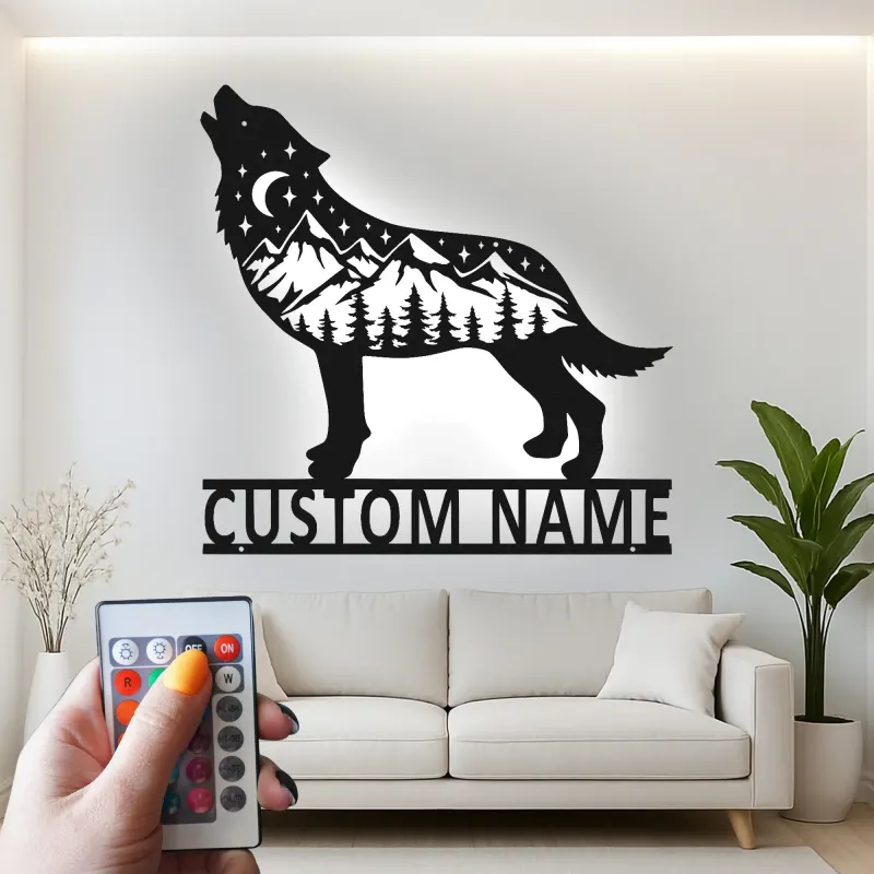 Custom Wolf Mountain Scene Led Light Metal Wall Art Personalized Gift for Nature Lovers Rustic Cabin Decor 2