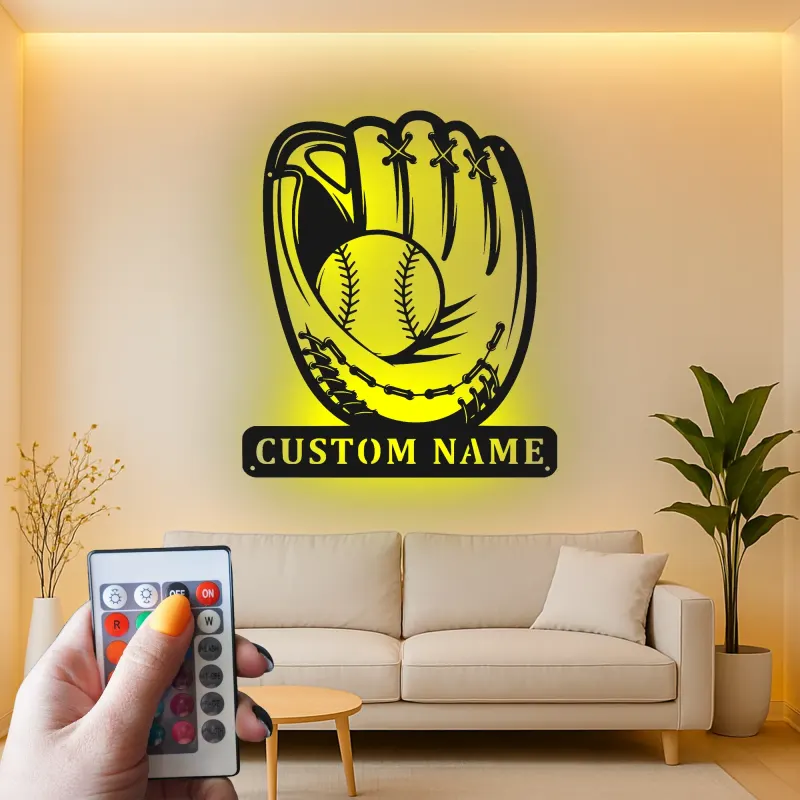 Custom Baseball Glove Led Light Metal Wall Art Personalized Sports Gift for Baseball Fans Game Room Decor