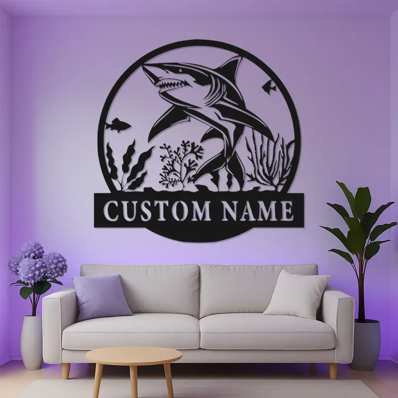 Art mural en métal requin blanc LED | Enseigne océan personnalisée | Décoration murale nautique pour bureau et maison côtière | Accent prédateur marin