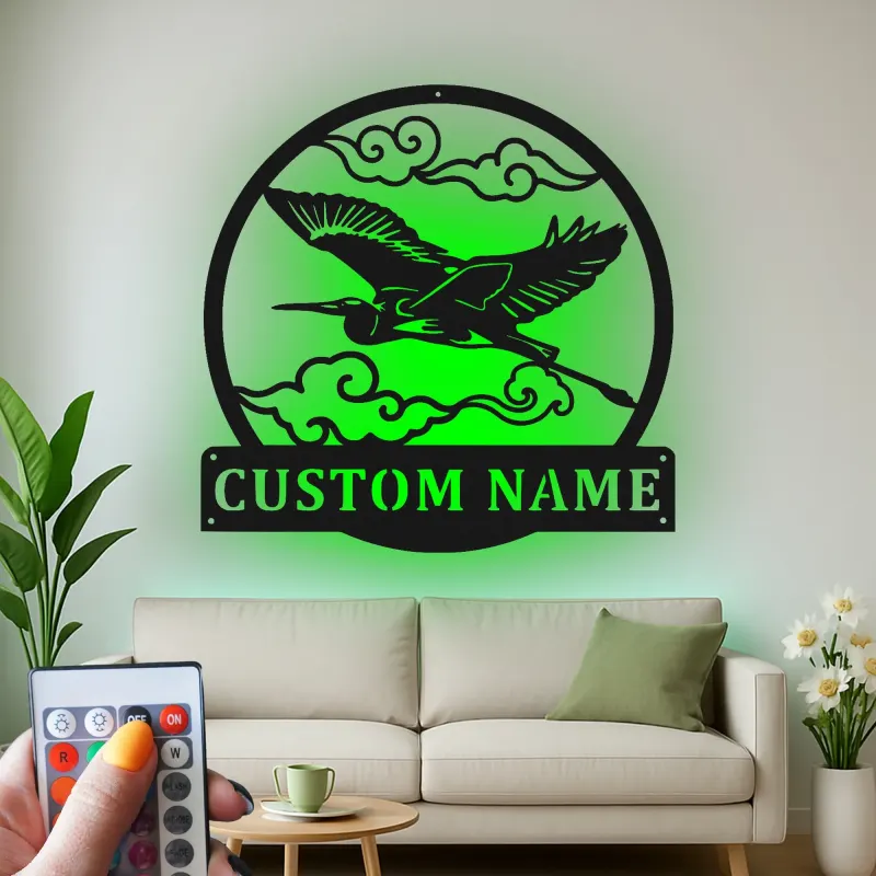 Personalized Heron LED Sign | Custom Metal Wall Art | Outdoor Garden & Patio Decor | Japandi Nature Lover Gift
