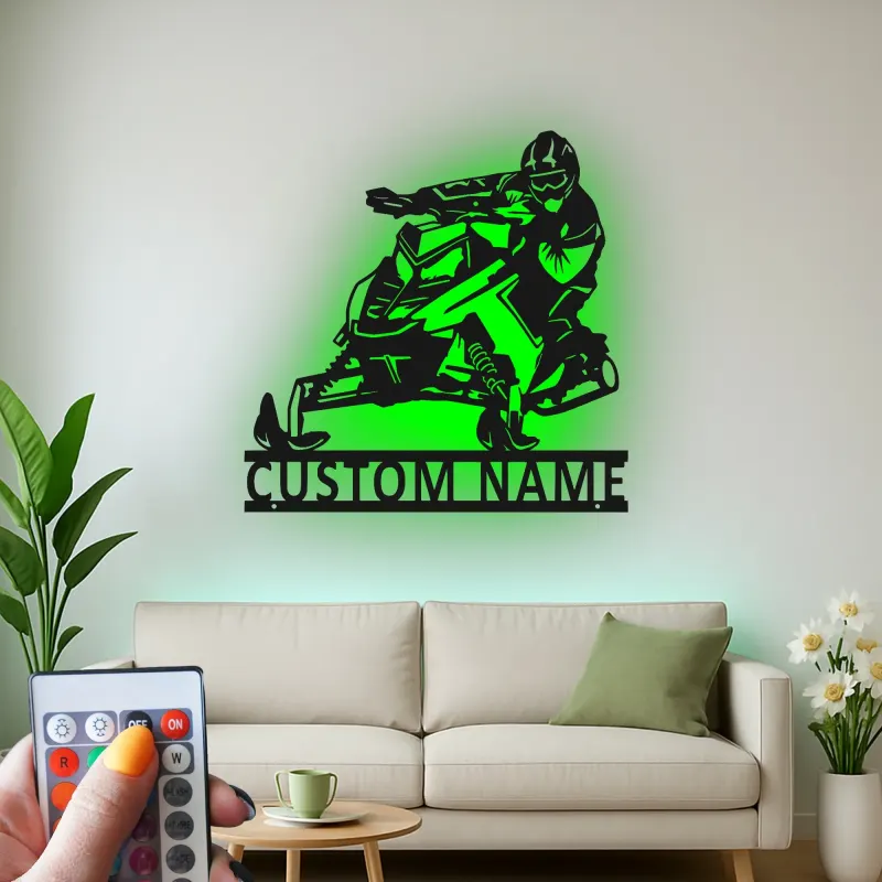 Arte da Parete in Metallo LED per Motoslitta Personalizzata | Insegna con Nome per Piloti per Man Cave | Regalo Decorativo per Sport Invernali
