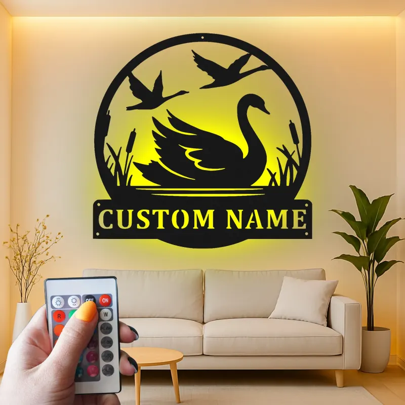 Cartel de Metal LED de Cisne Personalizado | Arte Mural de Escena de Estanque Personalizada | Regalo para Amantes de la Naturaleza y Decoración de Granja Moderna