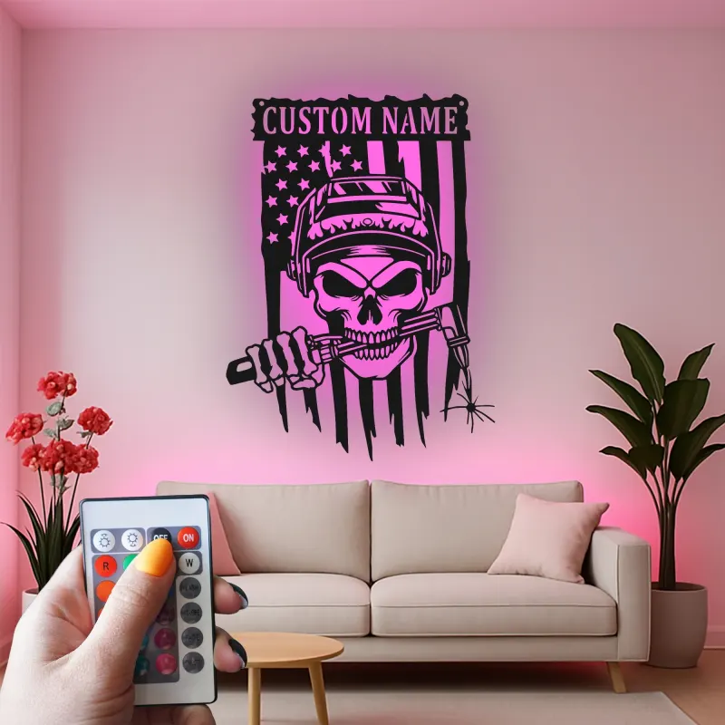 Décoration murale en métal personnalisée Crâne de soudeur avec rétroéclairage LED Cadeau unique pour les soudeurs Décor de garage ou d'atelier