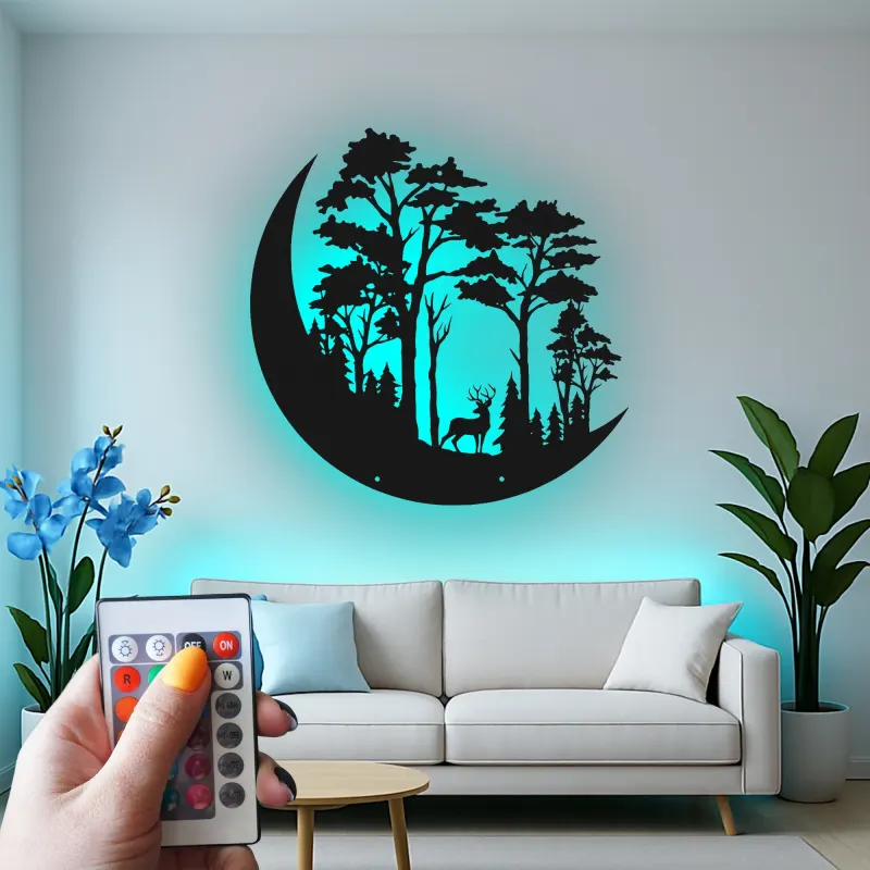Décoration murale en métal LED avec scène de forêt de cerfs - Cadeau pour amoureux de la nature, décoration rustique pour salon ou chalet