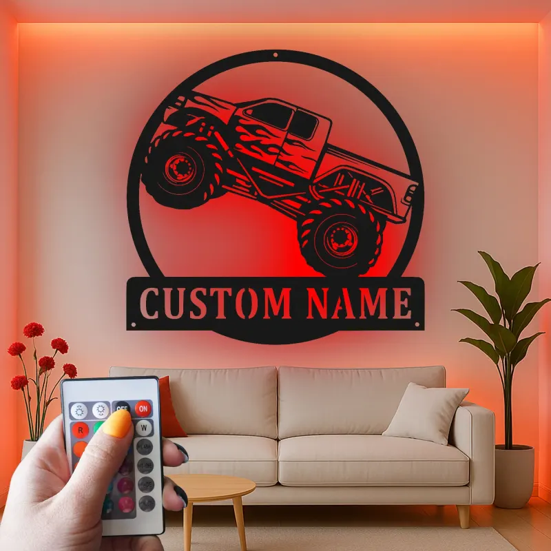Personalisierte Monstertruck Metall-Schild | LED Licht Wandkunst | Männerzimmer-Dekoration & Geschenk für das Kinderzimmer | Offroad-Fahrzeug-Kunst