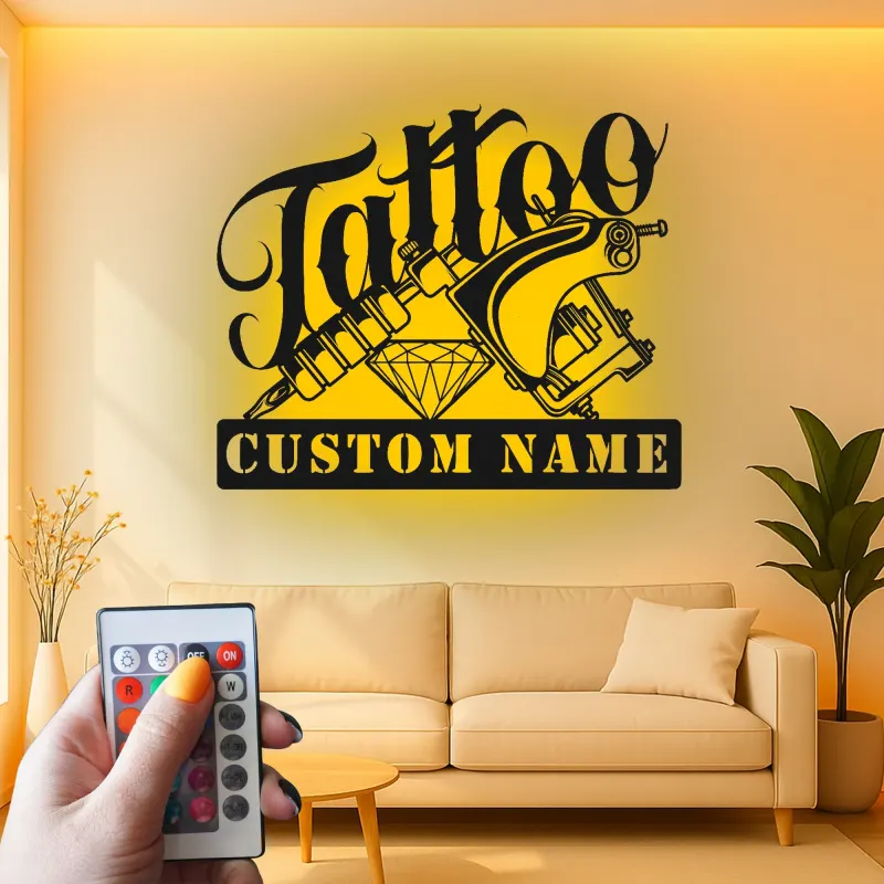 Cartel LED de máquina de tatuaje personalizado | Decoración mural de metal personalizada para estudio | Regalo para artista del tatuaje