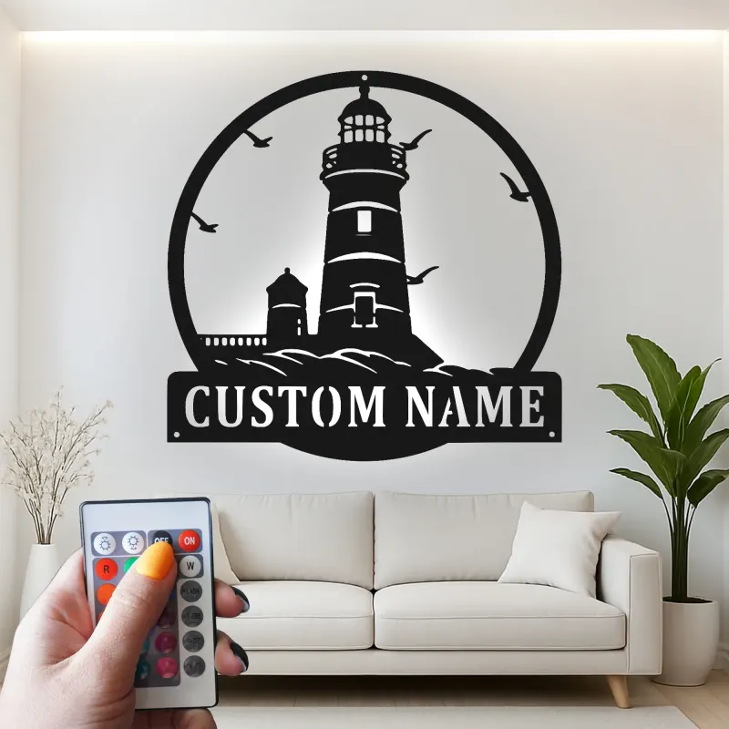 Décoration murale en métal personnalisée phare | Rétroéclairage LED | Décor nautique personnalisé pour maison de plage | Cadeau pour amoureux de l'océan