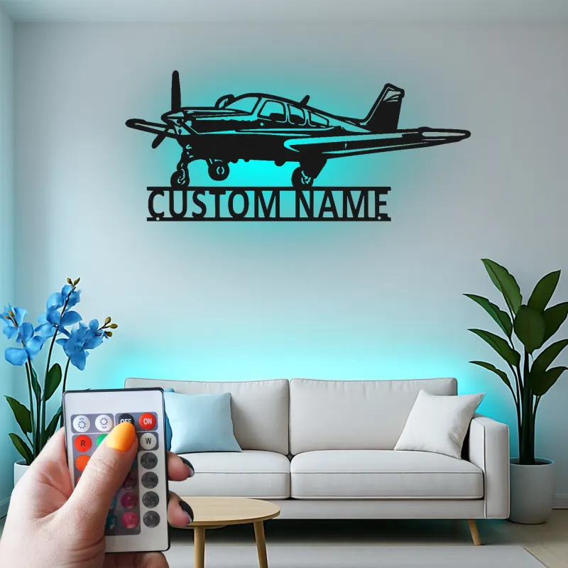 Décoration murale en métal personnalisée avec lumière LED d'avion - Cadeau d'aviation pour pilotes, décoration de hangar ou de bureau