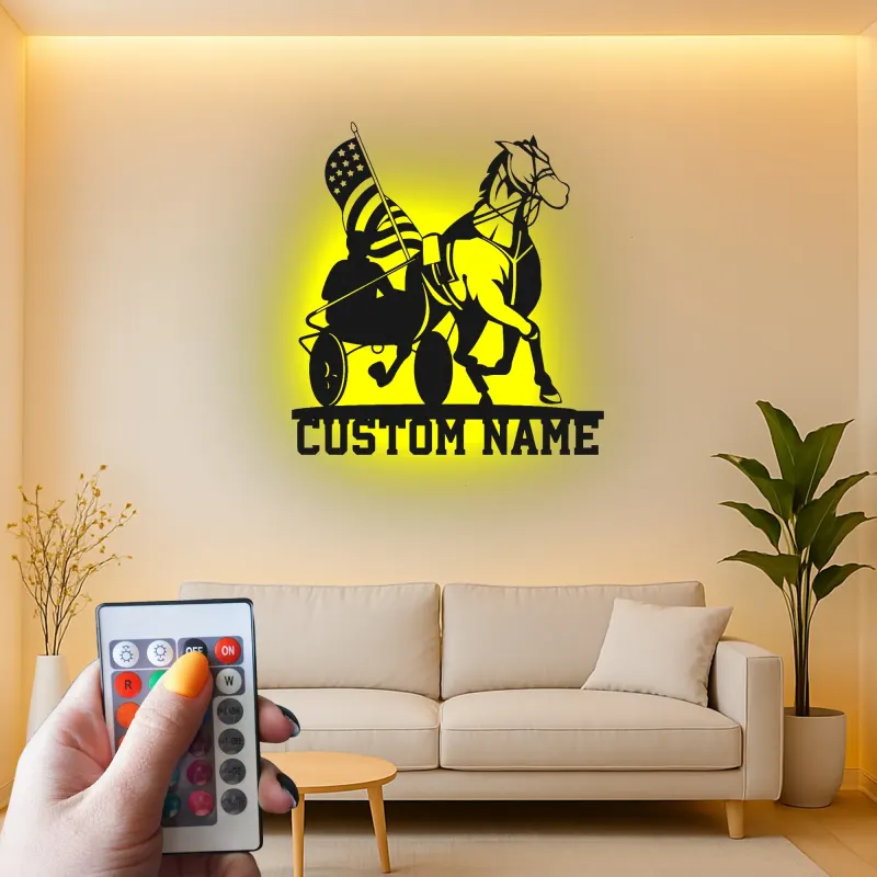 Harness Racing LED Metal Sign | Personalized Equestrian Wall Art | Custom Horse & USA Flag Stable Decor | Horse Lover Gift
