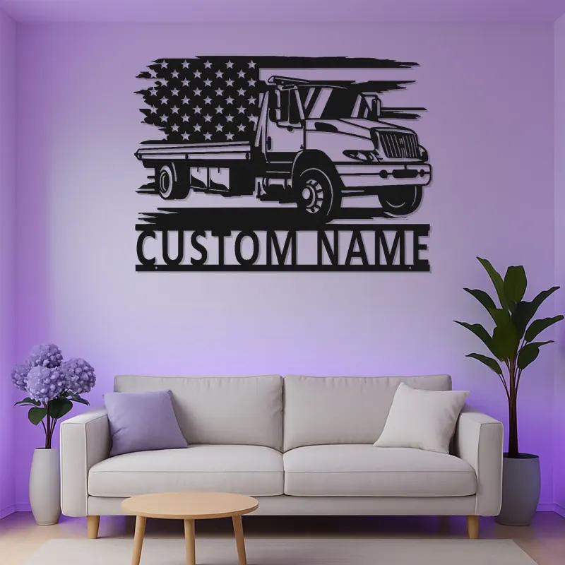 Enseigne camion de dépannage plateau personnalisée | Décoration murale LED en métal | Décor drapeau américain pour garage ou bureau | Cadeau pour chauffeur routier