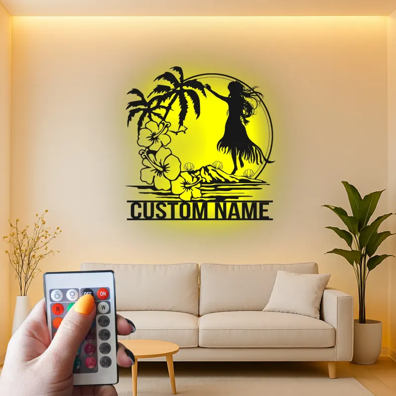 Insegna in metallo personalizzata con ballerina hula hawaiana e luce LED, regalo decorativo per interni tropicali
