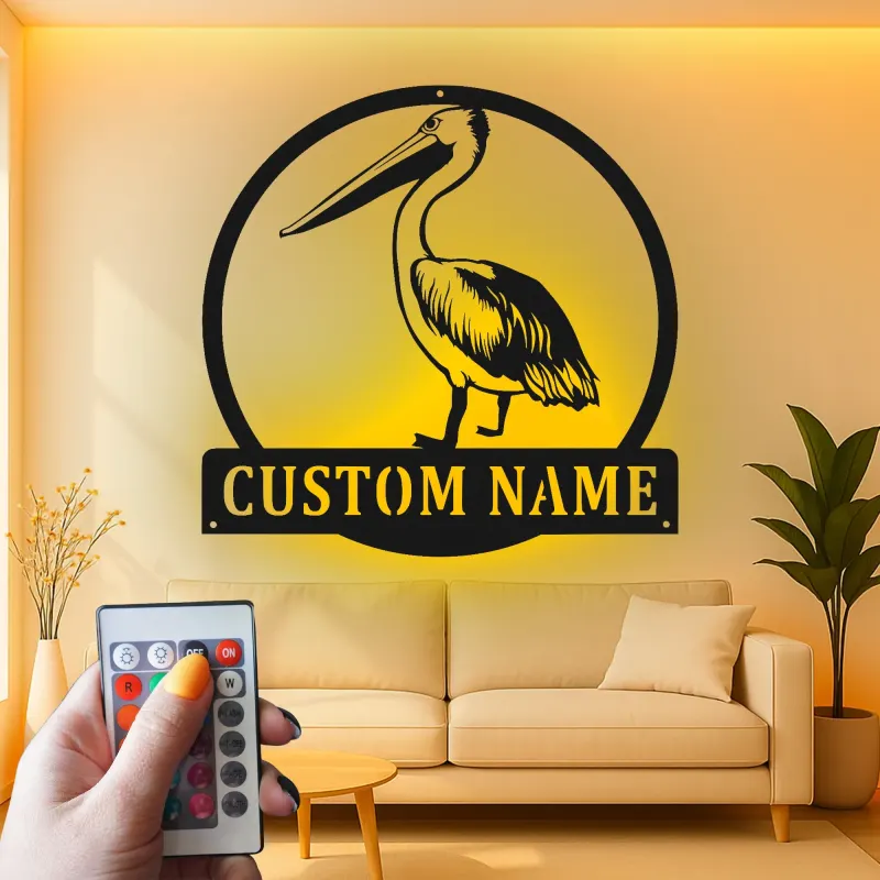Cartel de metal LED personalizado de pelícano para regalo costero y decoración de casa de playa