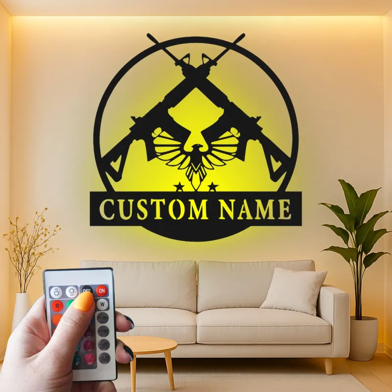 Insegna in metallo personalizzata con fucile e aquila e luce LED regalo per appassionati di armi decorazione per man cave o garage