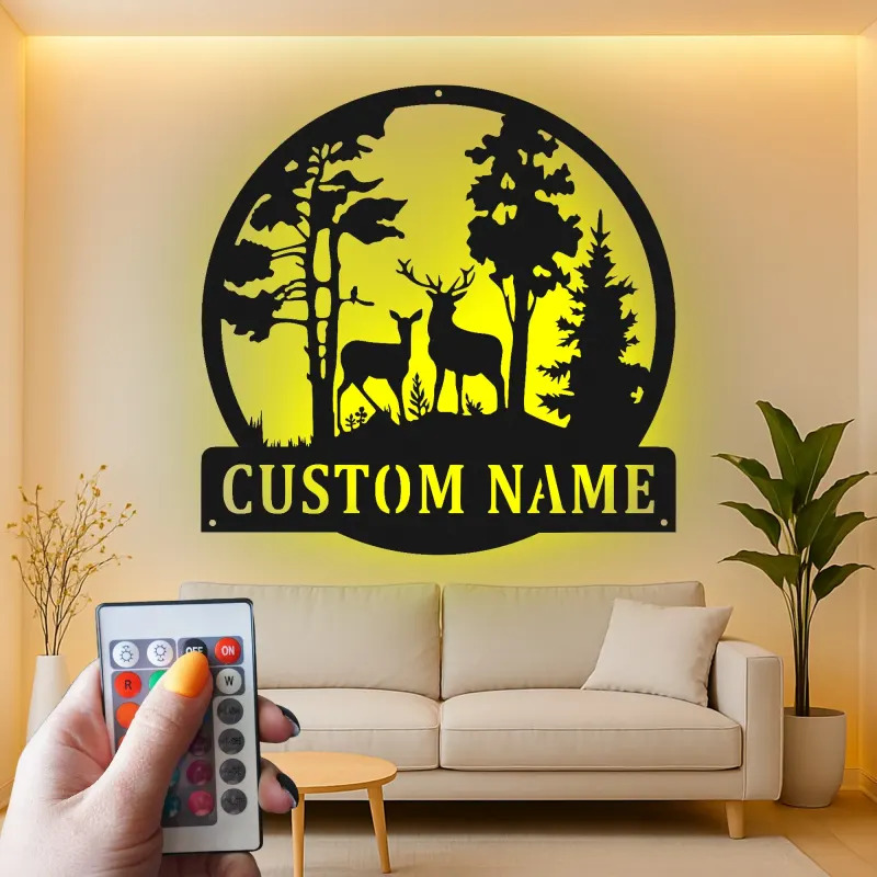 Insegna in metallo personalizzata con cervo e luce LED per amanti della natura, regalo per cabin