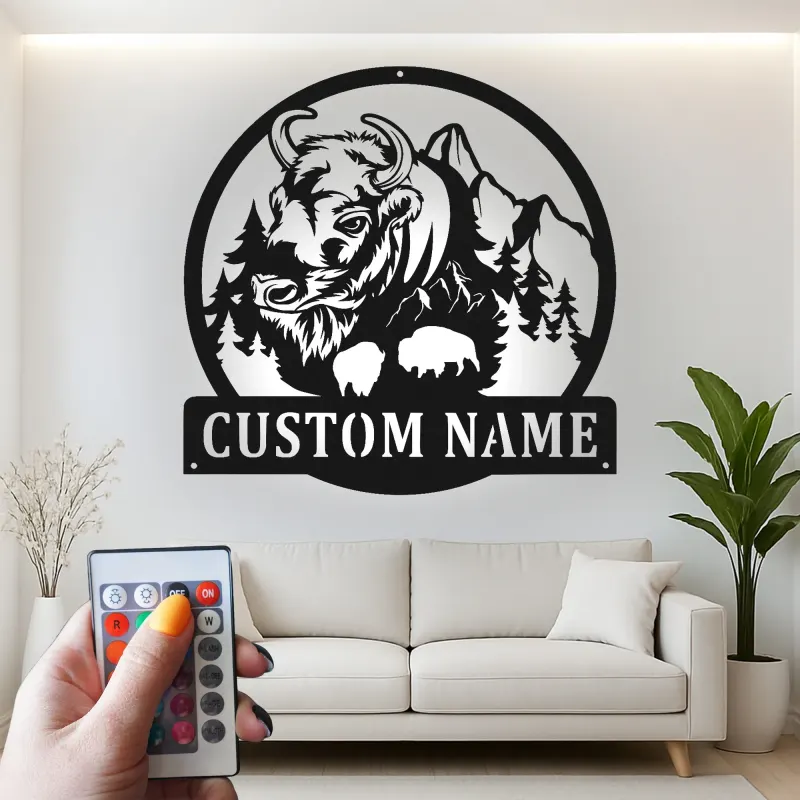 Cartel de metal LED personalizado de Bisonte y Montaña, regalo para amantes de la naturaleza, decoración rústica de cabaña