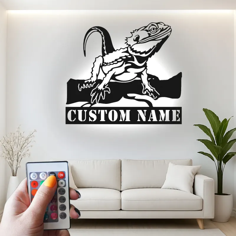 Insegna in metallo personalizzata con drago barbuto e luce LED regalo per amanti dei rettili decorazione per camera da letto o soggiorno