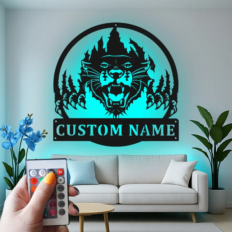 Insegna in metallo LED personalizzata con pantera, regalo per amanti della fauna selvatica, decorazione rustica per cabin