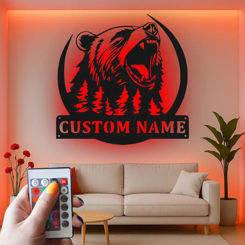 Décoration murale en métal personnalisée avec éclairage LED Forêt d'Ours Cadeau pour Amateurs de Nature Décor de Cabane ou Lodge