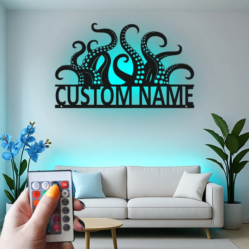 Cartel LED personalizado de tentáculos de pulpo | Arte de metal con nombre personalizado | Decoración náutica para negocios y hogar costero | Regalo para amantes del mar