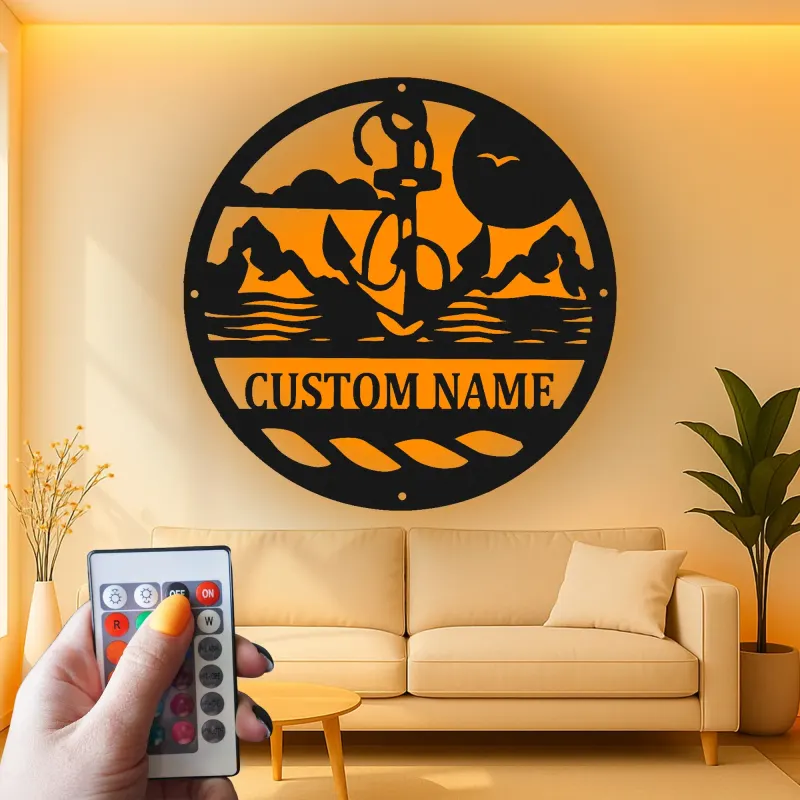 Art mural en métal LED personnalisé en forme d'ancre | Panneau de scène nautique personnalisé pour maison de plage | Cadeau déco océanique pour marins