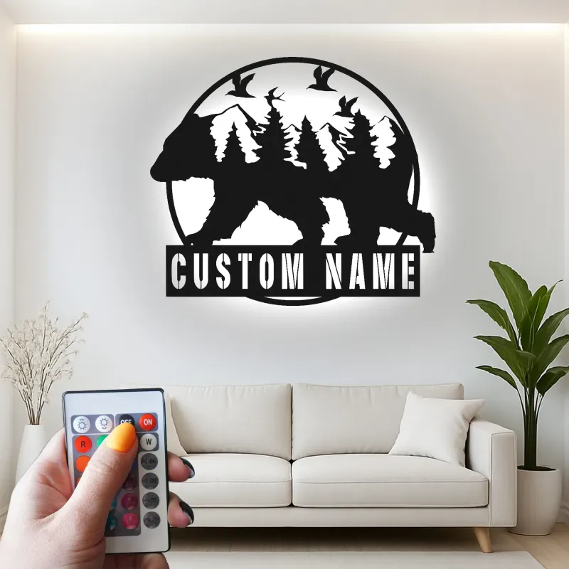 Custom Bear Forest Led Light Metal Wall Art Personalized Gift for Nature Lovers Cabin or Lodge Decor 1