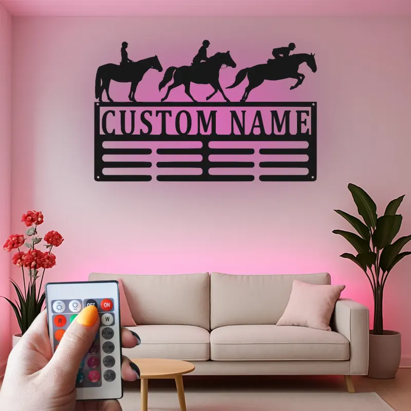 Décoration murale en métal personnalisée pour cavalier équestre avec rétroéclairage LED - Cadeau pour les amoureux des chevaux, décoration de stabulation ou de sellerie